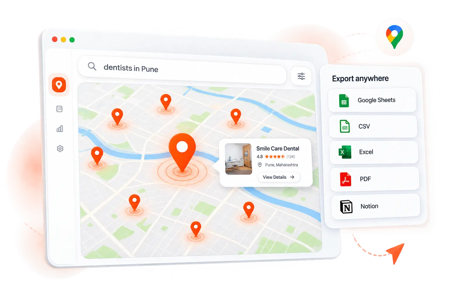 Leadmaps map view showing business pins for your search