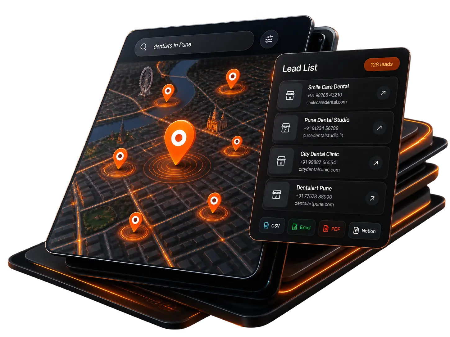 Leadmaps showing a map of dentists in Pune with a lead list panel — 128 leads found, exportable to CSV, Excel, PDF and Notion.