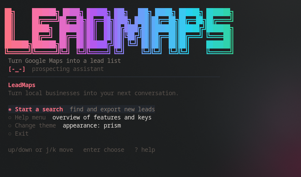 The Leadmaps menu in a terminal, listing: start a search, help menu, change theme, exit.