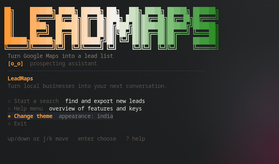The Leadmaps appearance picker offering Claude, Monochrome, Ember, Photon, Moss, Cobalt and a custom hex accent colour.