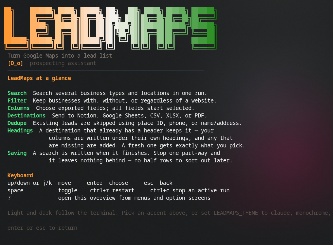 The Python edition of Leadmaps mid-run, showing the same progress bar, scan counts and live list of found businesses as the binary.