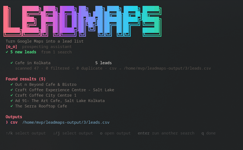 A finished Leadmaps run: 99 new leads from four searches, each with its scanned, filtered and duplicate counts, and an Outputs list showing a CSV path and a Notion link.